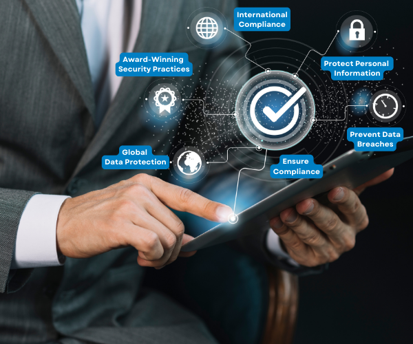 A businessman in a suit using a tablet, surrounded by digital security icons, including a globe representing global data protection and a star badge symbolizing trusted security standards. This image emphasizes why data security is important for companies, highlighting global connectivity and excellence in security practices.